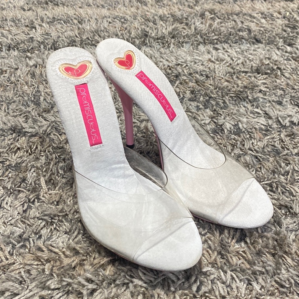 Promiscuous clear pink slip on sandal 5in heels sz 7